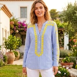 J.Crew Embroidered V-Neck Tunic Striped 100% Linen Popover Shirt Blue Size M